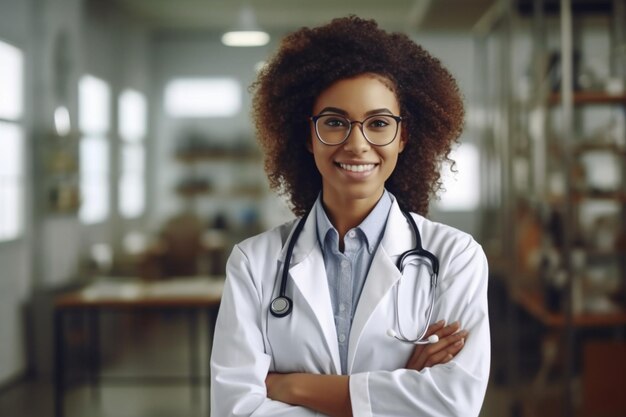 Doutor mulher negra sorridente com estetoscópio com o braço cruzado