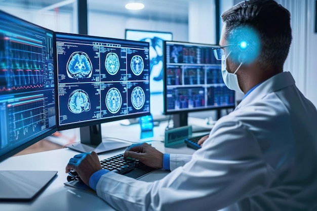 Doutor olhando para a imagem de raio-X do cérebro no monitor do computador