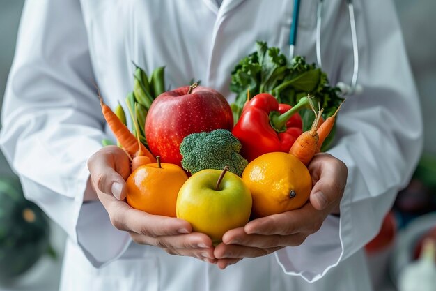 Doutor segurando frutas e legumes frescos