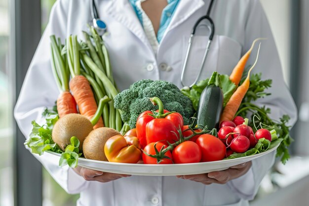 Doutor segurando frutas e legumes frescos