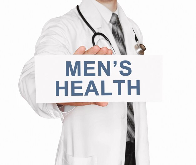 Doutor segurando um cartão com saúde masculina, conceito médico