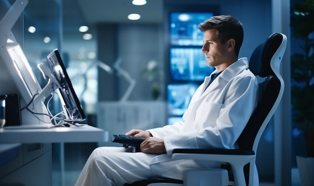 Doutor sentado e usando desktop de computador em uma sala de consultório médico moderna