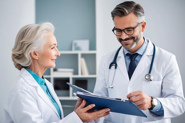 Doutor sorridente com clipboard falando com paciente sênior do sexo feminino no médico