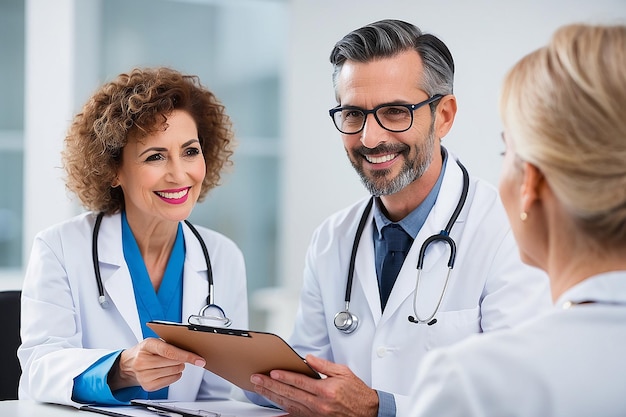 Doutor sorridente com clipboard falando com paciente sênior do sexo feminino no médico