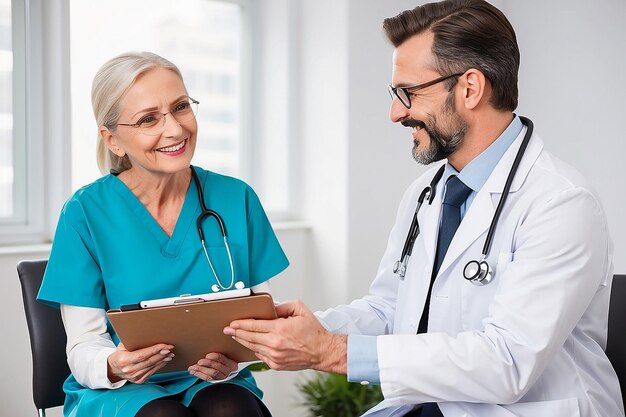 Doutor sorridente com clipboard falando com paciente sênior do sexo feminino no médico