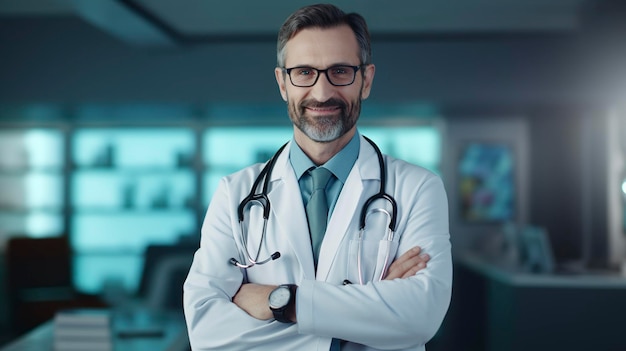 Doutor sorridente confiante posando e o hospital com os braços cruzados e a equipe médica trabalhando