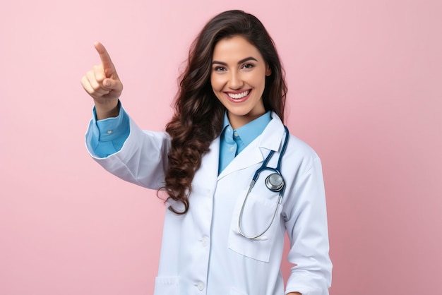 Foto doutor sorridente e feliz apontando com o dedo em um espaço de cópia de fundo de cor