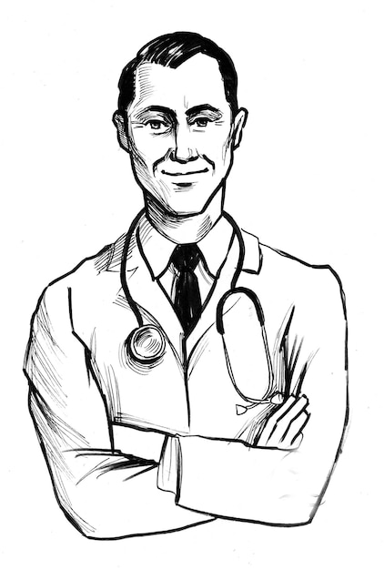 Doutor sorridente feliz. Desenho de tinta preto e branco
