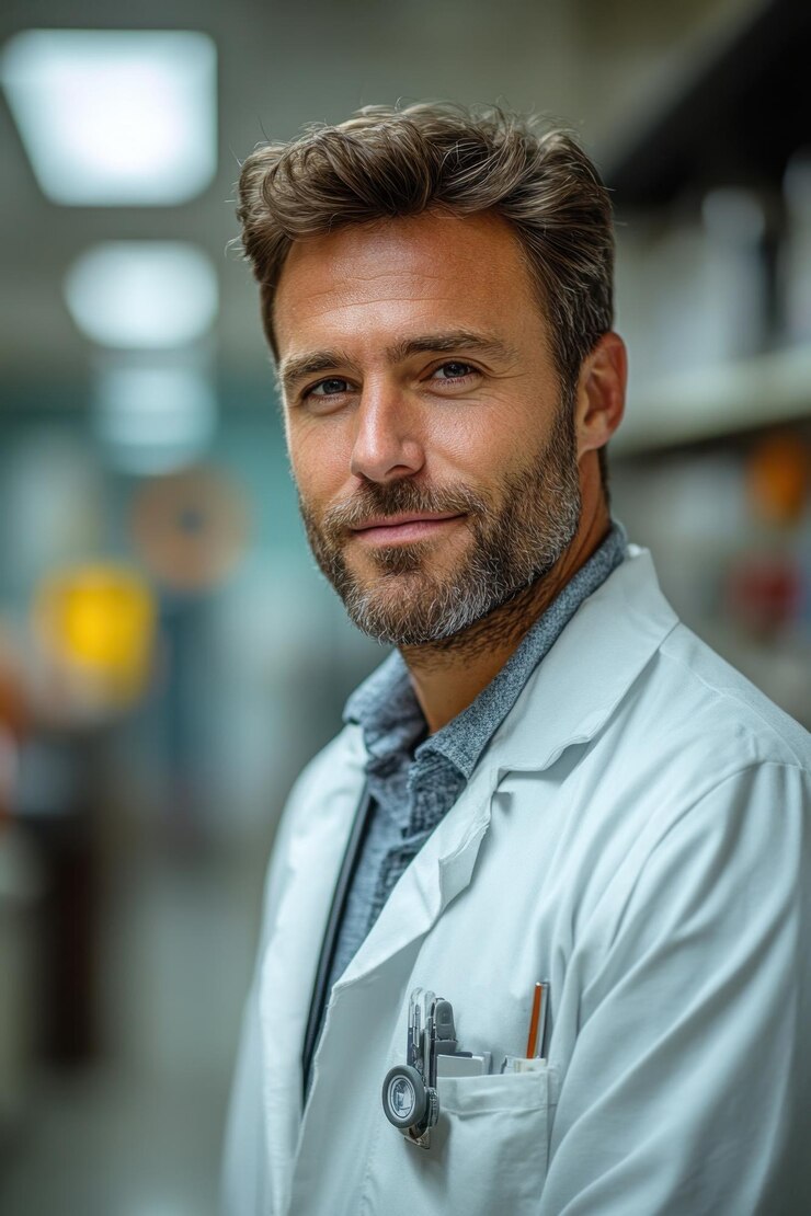 Doutor sorridente trabalhando no computador no escritório da clínica Bioinformático clínico