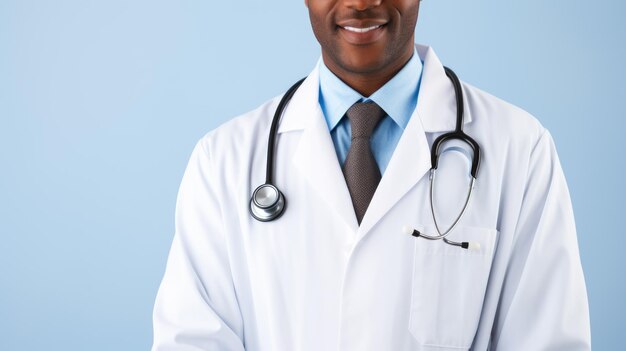 Doutor sorridente vestindo uma bata de laboratório branca com um estetoscópio ao redor do pescoço de pé com confiança contra um fundo colorido
