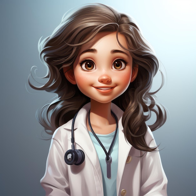 Doutora bonita de desenho animado com estetoscópio e cabelos encaracolados