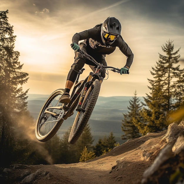 Downhill-Mountainbiker in hügeliger Landschaft