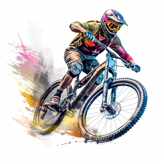 Downhill-Mountainbiker in hügeliger Landschaft