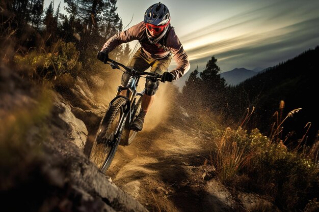 Downhill-Mountainbiker in hügeliger Landschaft