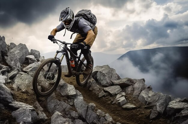 Downhill-Mountainbiker in hügeliger Landschaft
