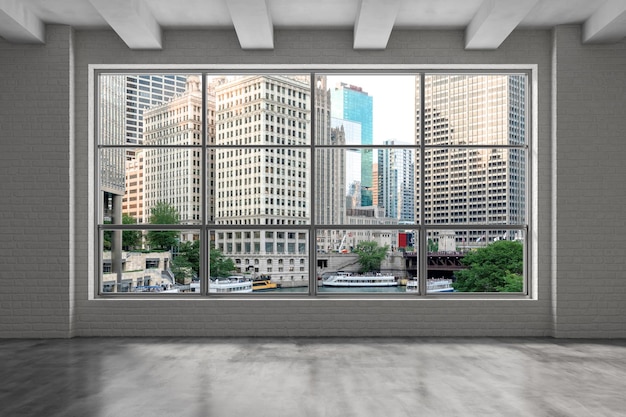 Downtown Chicago City Skyline Gebäude aus dem Fenster Schöne teure Immobilien Epmty Büroraum Innen Wolkenkratzer River Walk Bridge Blick auf das Wasser Stadtbild Tageszeit 3D-Rendering