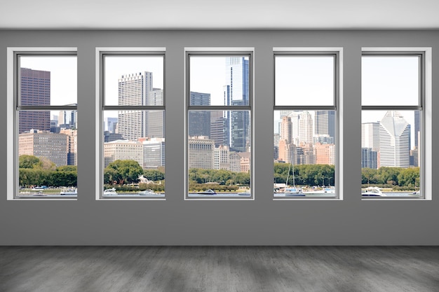 Foto downtown chicago city skyline gebäude aus dem fenster schöne teure immobilien epmty büroraum wolkenkratzer innenansicht lake michigan waterfront hafen stadtbild tageszeit 3d-rendering