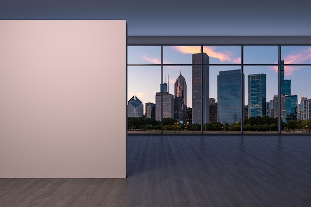 Downtown Chicago City Skyline Gebäude Fensterhintergrund Kopieren Sie Platz weiße Wand Leerer Raum Innenraum Wolkenkratzer Ansicht Mockup-Konzept Sonnenuntergang 3D-Rendering