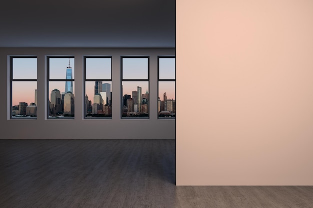 Downtown New York City Lower Manhattan Skyline Buildings High Floor Window Mock up wall Real Estate Empty room Interior Wolkenkratzer View Cityscape Financial District SONNENUNTERGANG 3D-Rendering