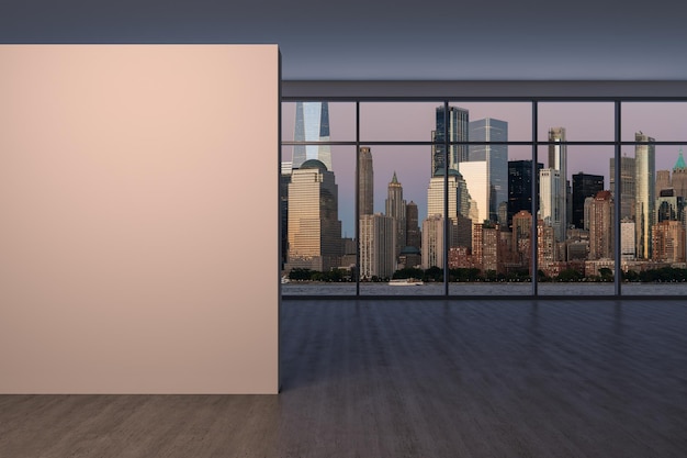 Downtown New York City Lower Manhattan Skyline Buildings High Floor Window Mock up wall Real Estate Empty room Interior Wolkenkratzer View Cityscape Financial District SONNENUNTERGANG 3D-Rendering