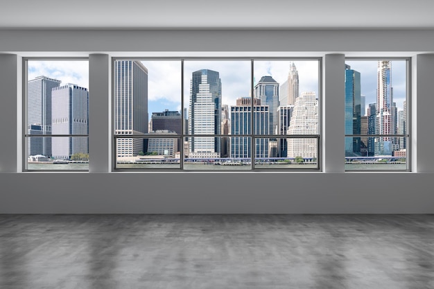 Foto downtown new york city lower manhattan skyline gebäude hohe etage fenster schöne teure immobilien leerer raum innenraum wolkenkratzer ansicht stadtbild finanzviertel tag 3d-rendering