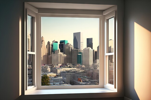Downtown San Francisco City Skyline Gebäude aus Hochhaus Fenster Schöne teure Immobilien Leerer Raum Innen Mockup Wand Wolkenkratzer Stadtbild Sonnenuntergang Kalifornien