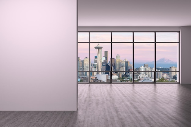 Downtown Seattle City Skyline Gebäude aus Hochhausfenster Schöne teure Immobilien mit Blick auf leeren Raum Innen Mockup Wand Wolkenkratzer Stadtbild Sonnenuntergang USA 3D-Rendering