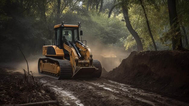 Dozer bei der Abholzung von Wäldern für den Bau einer neuen Straße Bulldozer bei Forstarbeiten bei Sonnenuntergang