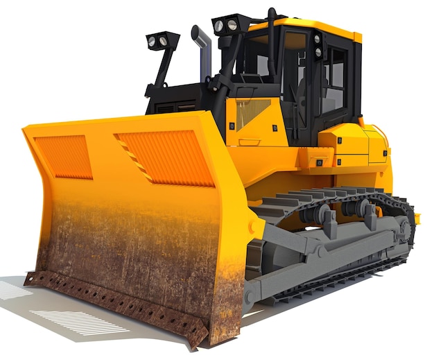 Dozer de orugas maquinaria de construcción pesada representación 3D en fondo blanco