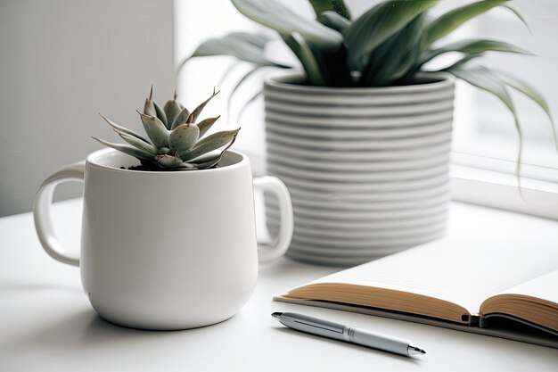 Dracaena e suculenta em vasos brancos sobre uma mesa branca com uma caneca e um caderno