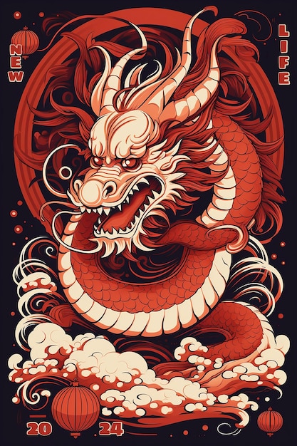 Drache auf dunklem Hintergrund Illustration im Stil des chinesischen Tierkreises