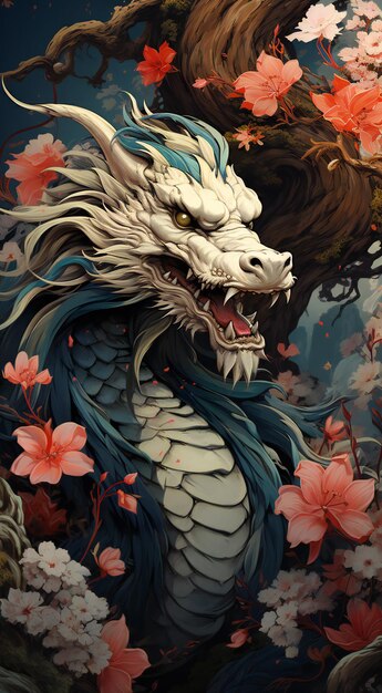 Drache und Blumen im Stil der chinesischen Malerei an der Wand