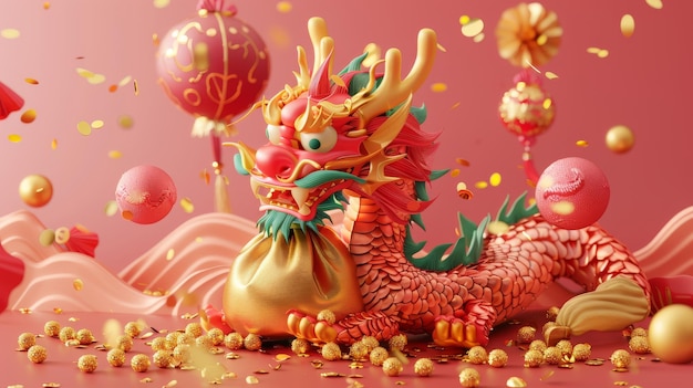 Drache wickelt sich um einen Glückssack voller Gold auf einer rosa Matte für das chinesische Neujahr Text Glückliches Neujahr Glückssatz