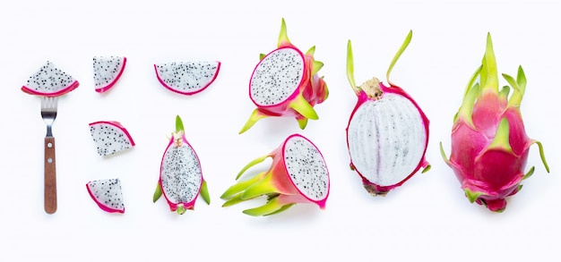Drachefrucht, pitaya getrennt auf Weiß. Ansicht von oben