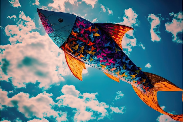 Foto drachen in form eines fisches, der im blauen himmel zwischen wolken fliegt, im konzept für das internationale drachenfest