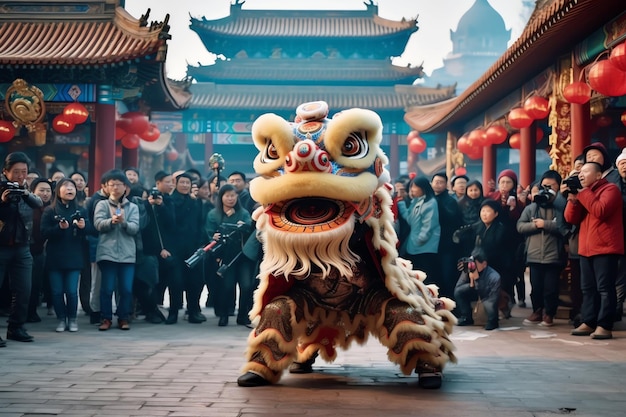 Foto drachen- oder löwen-tanz-show barongsai zur feier des chinesischen lunar-neujahrsfestivals
