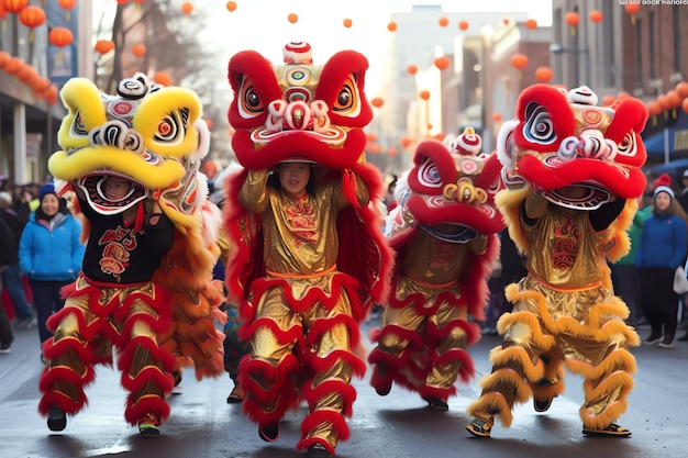 Drachen- oder Löwen-Tanz-Show Barongsai zur Feier des chinesischen Lunar-Neujahrsfestivals