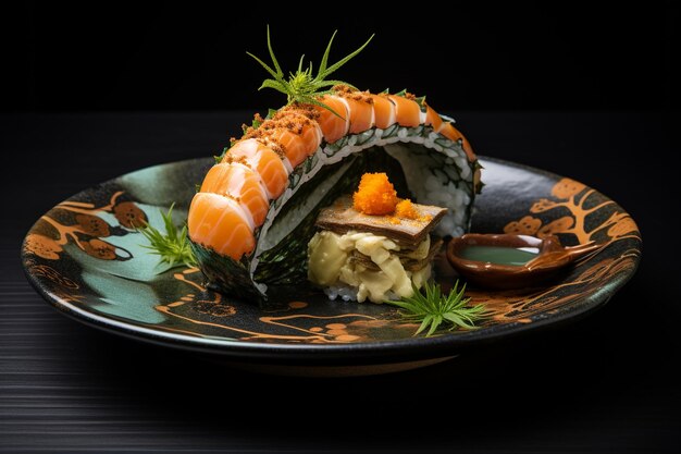 Drachen-Sushi-Roll mit Aal auf schwarzer Keramikplatte