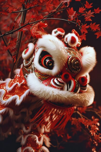 Foto drachen und löwen umgeben von verschiedenen dekorationen und laternen chinesischer neujahrs-hintergrund