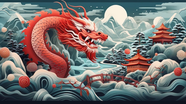 Drachen-Zodiac am Himmel mit chinesischem Hintergrund Glückliches chinesisches Neujahr 2024