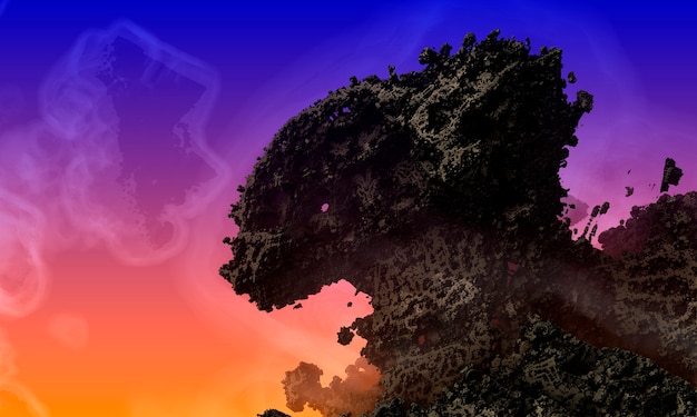Drachenberg und der Geist der Luft. Atemberaubende außerirdische Landschaft. Eine riesige Bergkette vor dem Hintergrund eines orangefarbenen und marineblauen Himmels. Fantastische Landschaft. 3D-Rendering.
