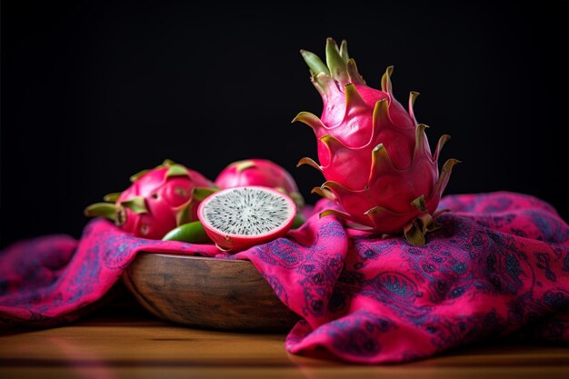 Foto drachenfrucht auf einem holztisch