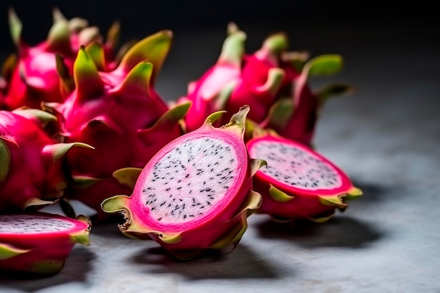 Drachenfrucht auf einem Tisch mit dem Wort Drache auf der Unterseite