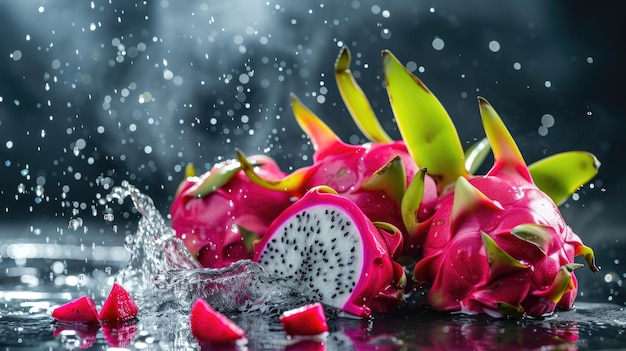 Drachenfrucht mit Wasserspritzungen auf einem launischen Hintergrund