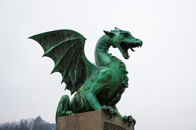 Foto drachenstatue auf der drachenbrücke am wintertag in der slowenischen hauptstadt ljubljana