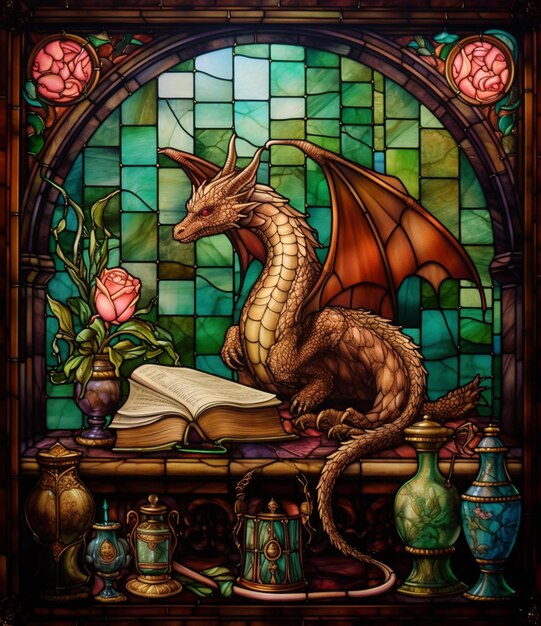Dragão Arafed sentado em uma mesa com um livro e um vaso generativo ai