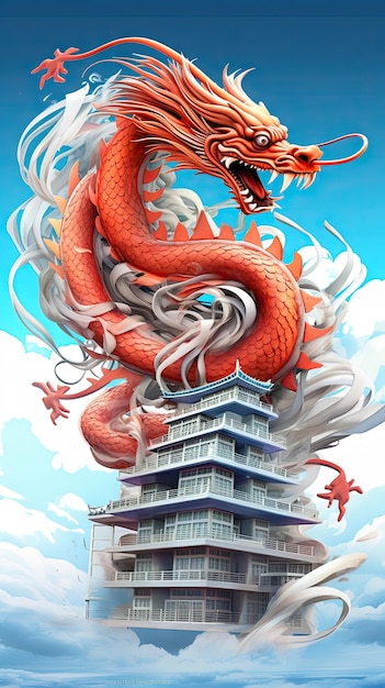 Dragão asiático 3D voando ao redor do prédio