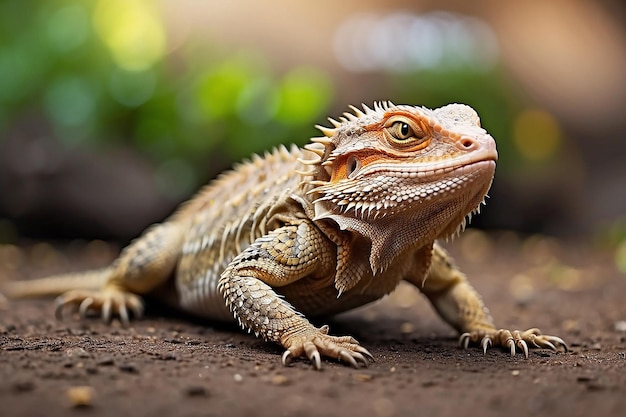 Dragão barbudo no chão com fundo desfocado