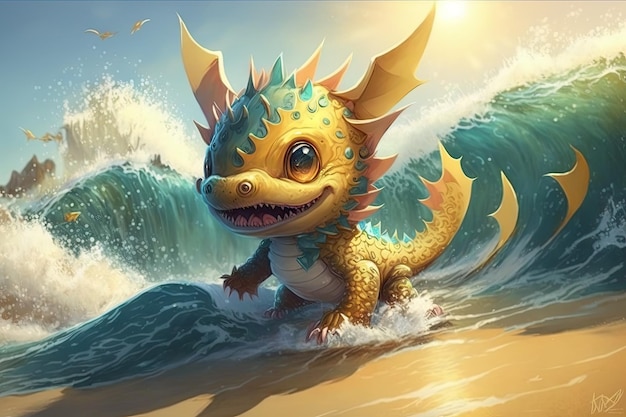 Dragão bonitinho brincando no oceano com ondas e sol brilhando