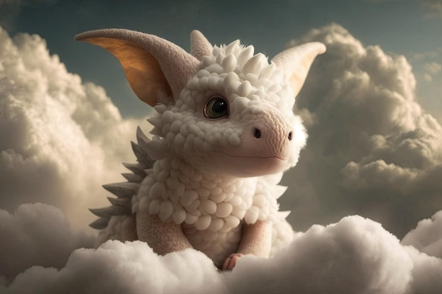 Dragão bonitinho com a cabeça nas nuvens cercada por nuvens fofas